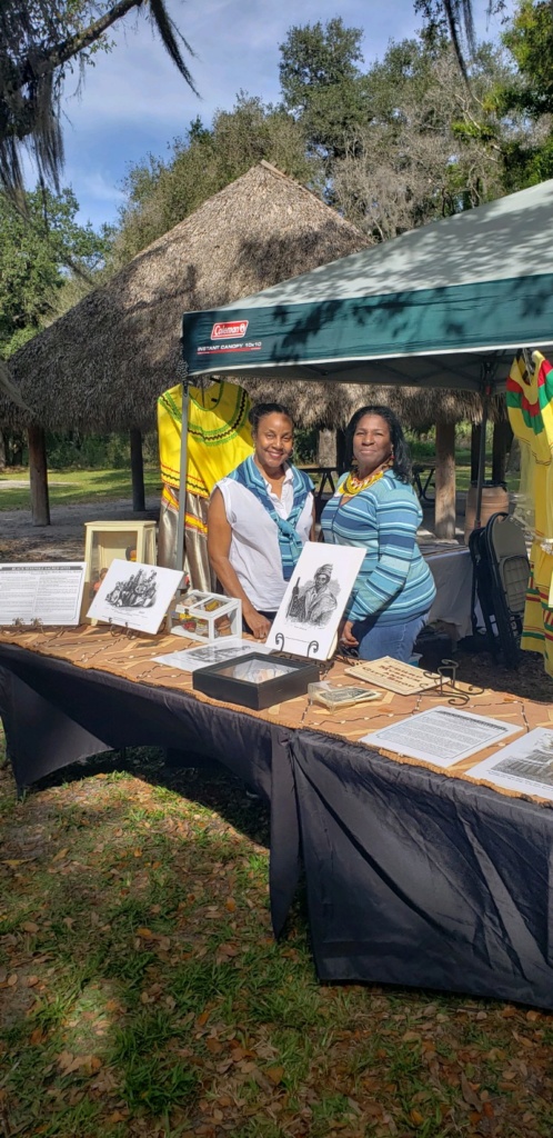 Seminole descendants and event planners, Michelle Riley and Antoinette Riley, at booth at 2020 Annual Seminole Maroon Event at Loxahatchee River Battlefield Park, January 19, Jupiter, FL.